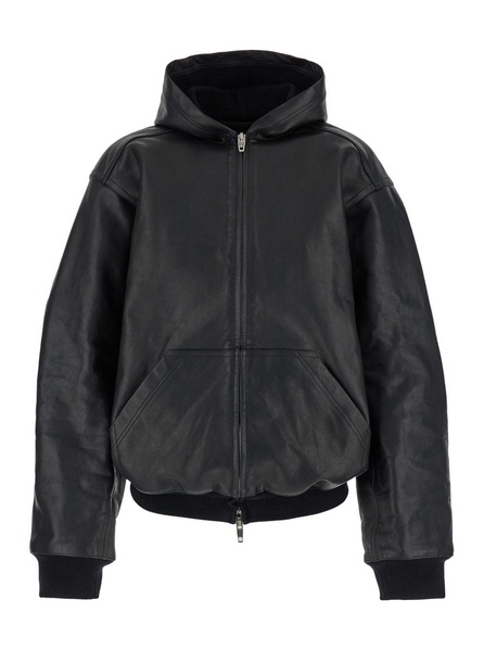 Black Hoodie With Zip Closure In Smooth Leather Woman