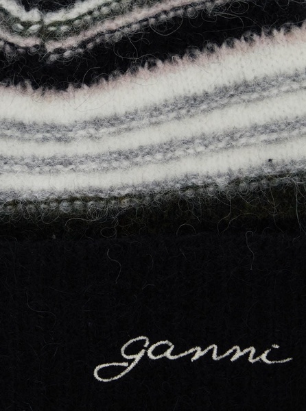 Black Beanie with Logo Lettering and Striped Motif in Wool Blend Stretch Woman