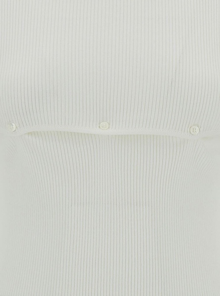 White Ribbed Top With Boat Neckline And Buttons In Rayon Blend Woman