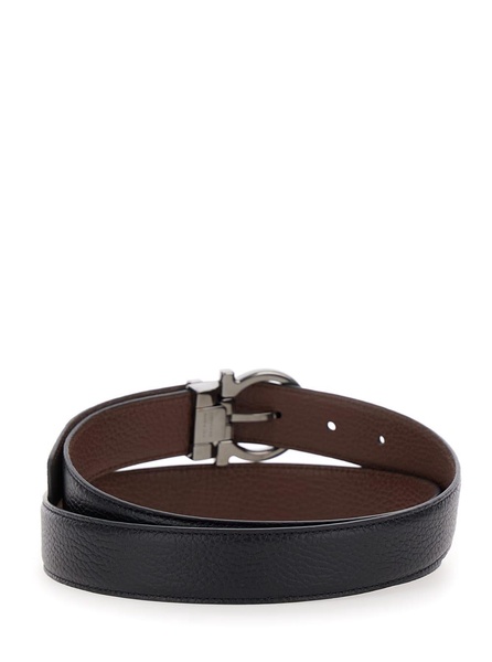 Black Belt With Gancini Buckle In Hammered Leather Man