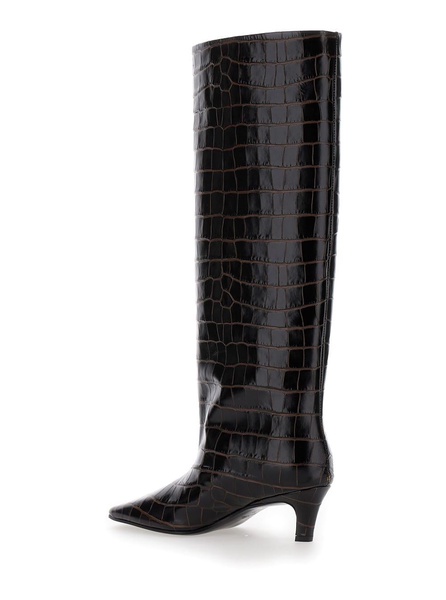 'The Wide Shaft' Brown Pull-On Boots with Low Heel in Crocodile-Embossed  Leather Woman