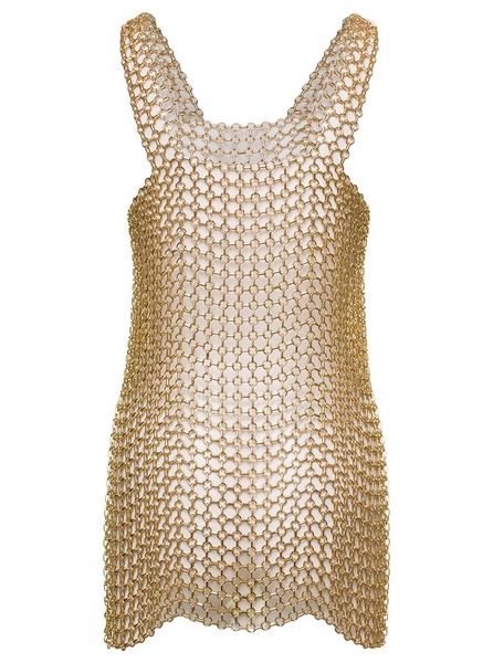 Gold-tone Mini Dress With Shoulders Straps And Side Splits In Metal Mesh Woman