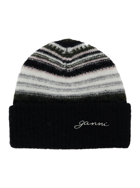 Black Beanie with Logo Lettering and Striped Motif in Wool Blend Stretch Woman