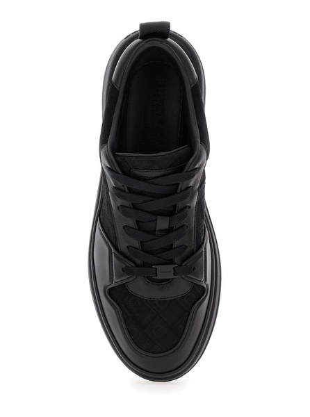 Black Low Top Sneakers With Intarsia And Tonal Plaque In Fabric And Leather Man