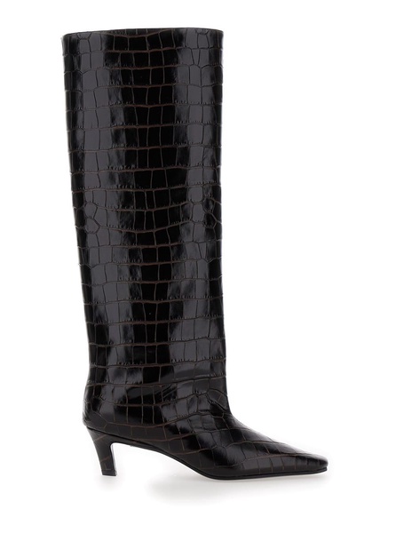 'The Wide Shaft' Brown Pull-On Boots with Low Heel in Crocodile-Embossed  Leather Woman