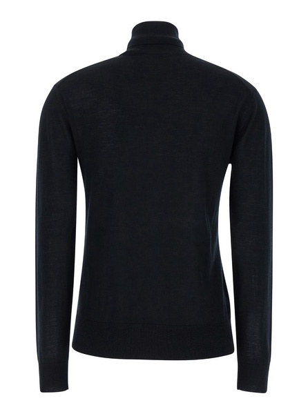 Black High Neck Pullover With Ribbed Trim In Wool Woman