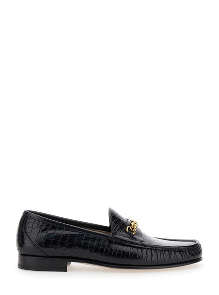 Black Slip-on Loafers With Chain Detail In Croco Effect Leather Man