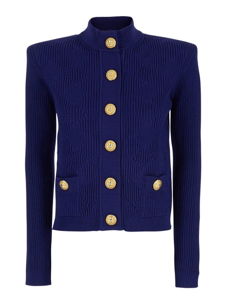 Blue Cardigan with High Neck and Jewel Buttons in Viscose Blend Woman