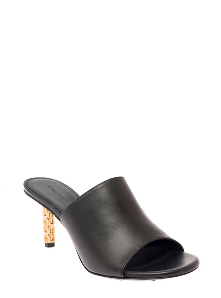 Black Mule With Gold 'g' Cube-shaped Heel And Branded Outer Sole In Leather Woman