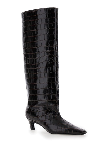 'The Wide Shaft' Brown Pull-On Boots with Low Heel in Crocodile-Embossed  Leather Woman