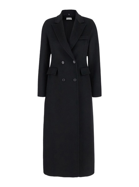 Long Black Double-breasted Coat With Ribbed Revers In Wool Woman