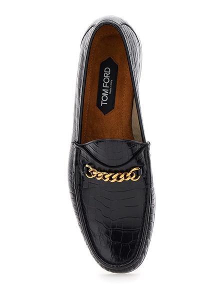 Black Slip-on Loafers With Chain Detail In Croco Effect Leather Man