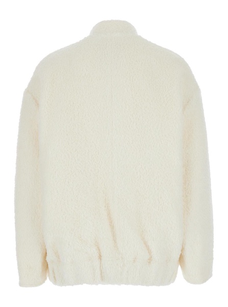 White Bomber Jacket With Elastic Waist In Wool Woman