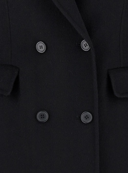 Long Black Double-breasted Coat With Ribbed Revers In Wool Woman