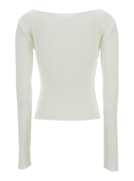 White Ribbed Top With Boat Neckline And Buttons In Rayon Blend Woman