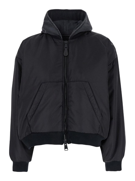 Black Hooded Bomber Jacket In Tech Fabric Woman