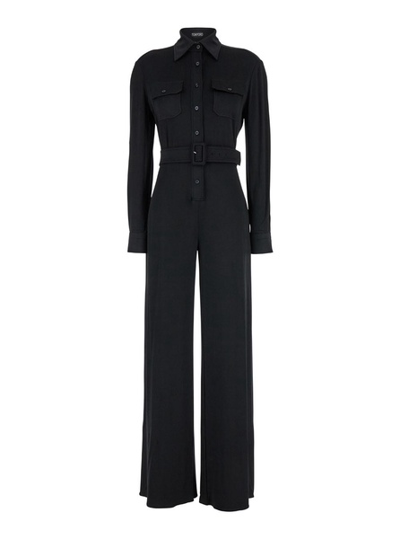 Black Jumpsuit With Buttons And Adjustable Belt In Stretch Satin Woman