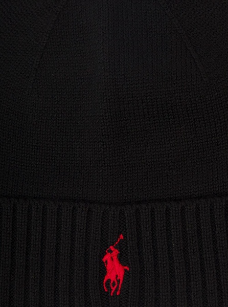 Black Beanie With Red Pony Embroidery In Wool Man