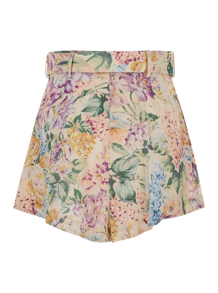 Multicolor Belted Shorts with All-Over Floreal Print in Linen Woman