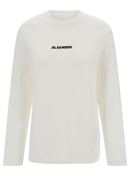 White Long Sleeve T-shirt With Contrasting Logo Print In Cotton Woman