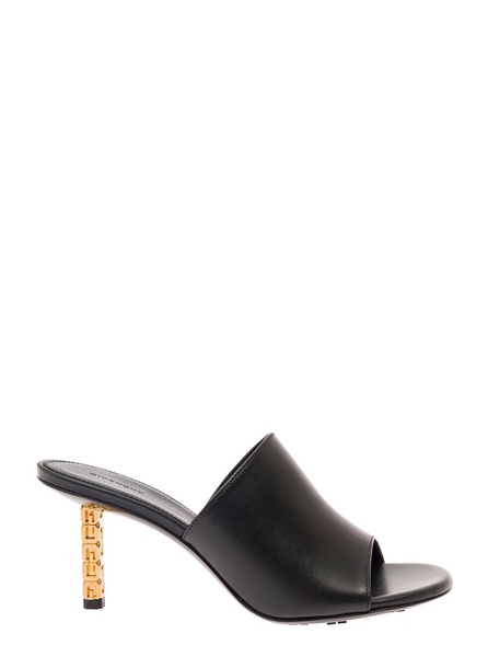 Black Mule With Gold 'g' Cube-shaped Heel And Branded Outer Sole In Leather Woman