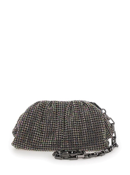 Metallic Clutch With Chain In Fabric With All-over Rhinestones Woman