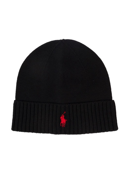 Black Beanie With Red Pony Embroidery In Wool Man