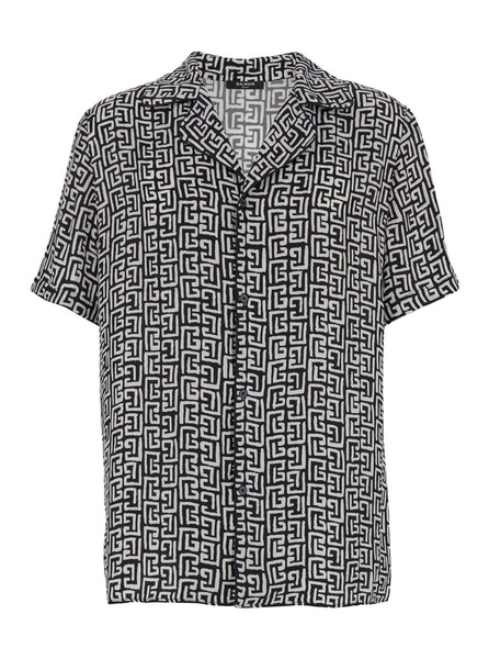 Black And White Bowling Shirt With All-over Monogram In Cupro Man