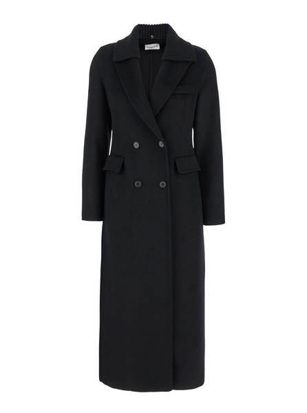 Long Black Double-breasted Coat With Ribbed Revers In Wool Woman