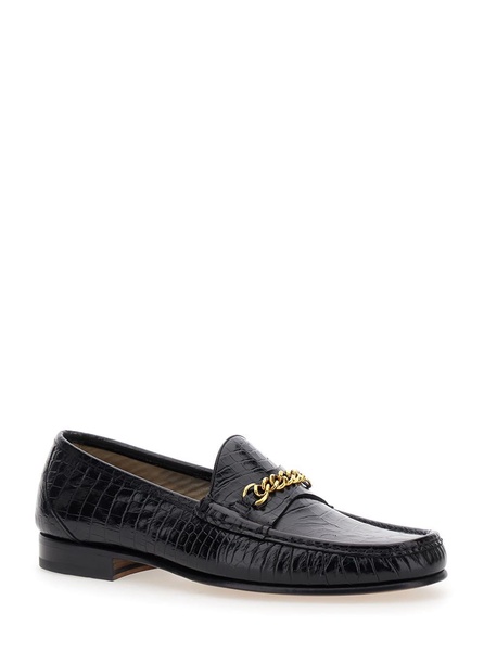 Black Slip-on Loafers With Chain Detail In Croco Effect Leather Man