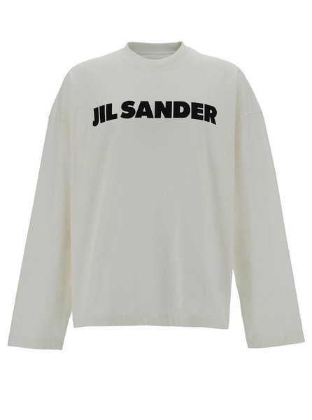 White Long Sleeve T-shirt With Contrasting Logo Print In Lightweight Cotton Man