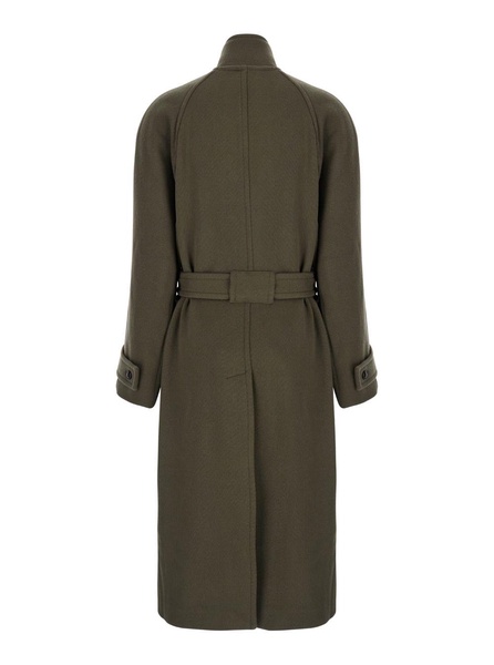 Green Double-breasted Coat With Removable Belt And Wraparound Design In Wool Blend Woman