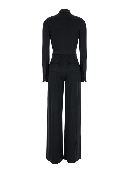 Black Jumpsuit With Buttons And Adjustable Belt In Stretch Satin Woman