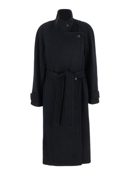 Black Double-breasted Coat With Removable Belt And Wraparound Design In Wool Blend Woman