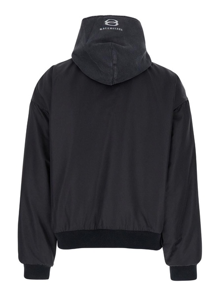 Black Hooded Bomber Jacket In Tech Fabric Woman