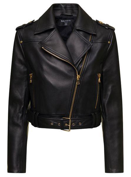 BALMAIN Minimalistic Cropped Leather Biker Jacket for Women