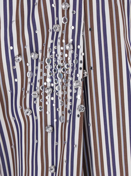 Blue Pants With Faux-Pearl Embellishments And All-Over Striped Motif In Cotton Woman