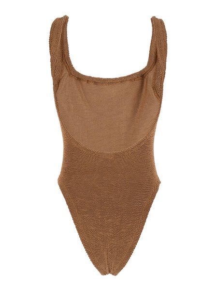 Brown One-Piece Swimsuit With Squared Neckline In Ribbed Stretch Polyamide Woman