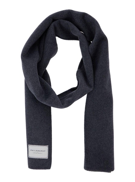 Grey Scarf with Logo Patch in Double Wool Woman