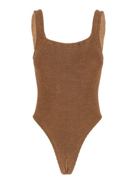 Brown One-Piece Swimsuit With Squared Neckline In Ribbed Stretch Polyamide Woman