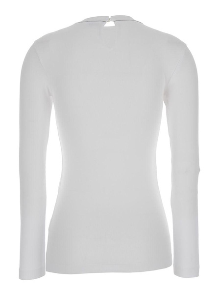 White Long-sleeve Top With Monile Detail In Ribbed Stretch Cotton Woman