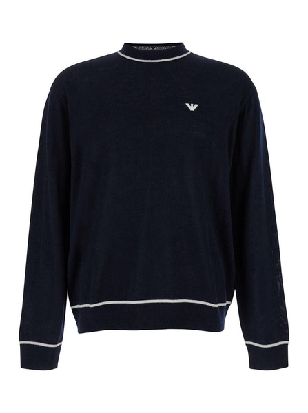 Blue Sweater With Logo Embroidery In Wool Woman