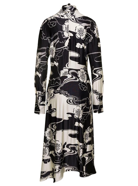 Midi Black and White Floreal Printed Dress with High Neck in Viscose Blend Woman