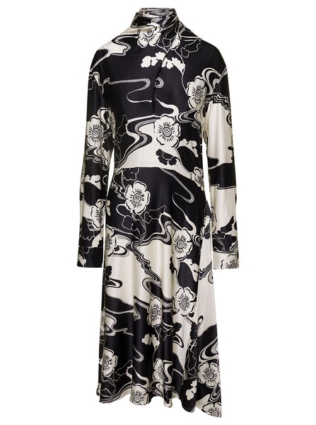 Midi Black and White Floreal Printed Dress with High Neck in Viscose Blend Woman