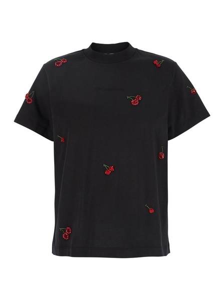 Black T-Shirt With All-Over Sequined Cherry Decorations In Cotton Woman