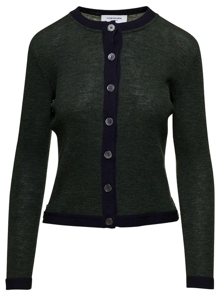 Crew Neck Cardigan W/ Contrast Trims In Wool Rib