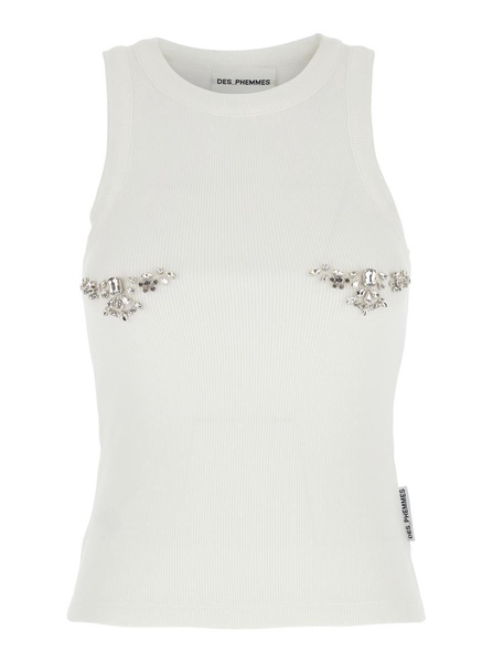 White Top With Crystals Decorations On The Front In Cotton Woman