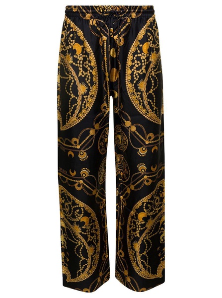 Black Loose Pants With All-Over Graphic Print In Silk Man