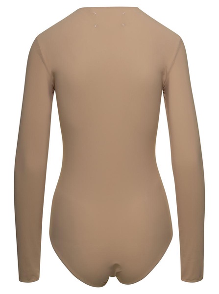 Beige Fitted Long Sleeves Bodysuit In Polyamide Blend Woman