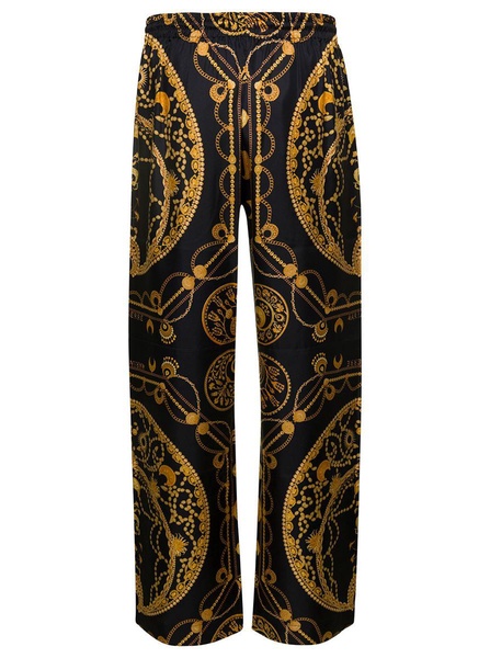 Black Loose Pants With All-Over Graphic Print In Silk Man